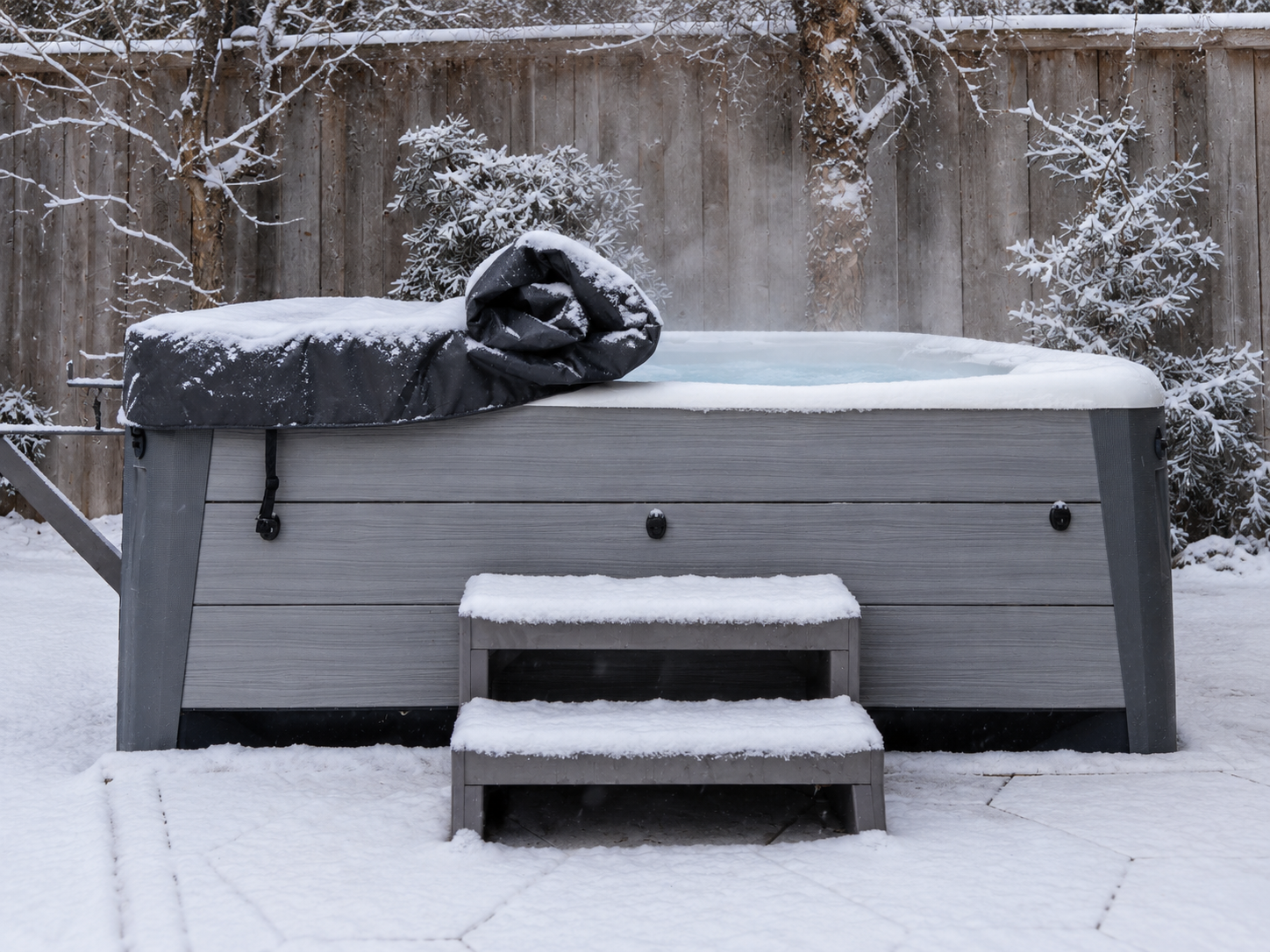 Rolling hot tub cover covered in snow with steps leading up to it, surrounded by a snowy landscape.
