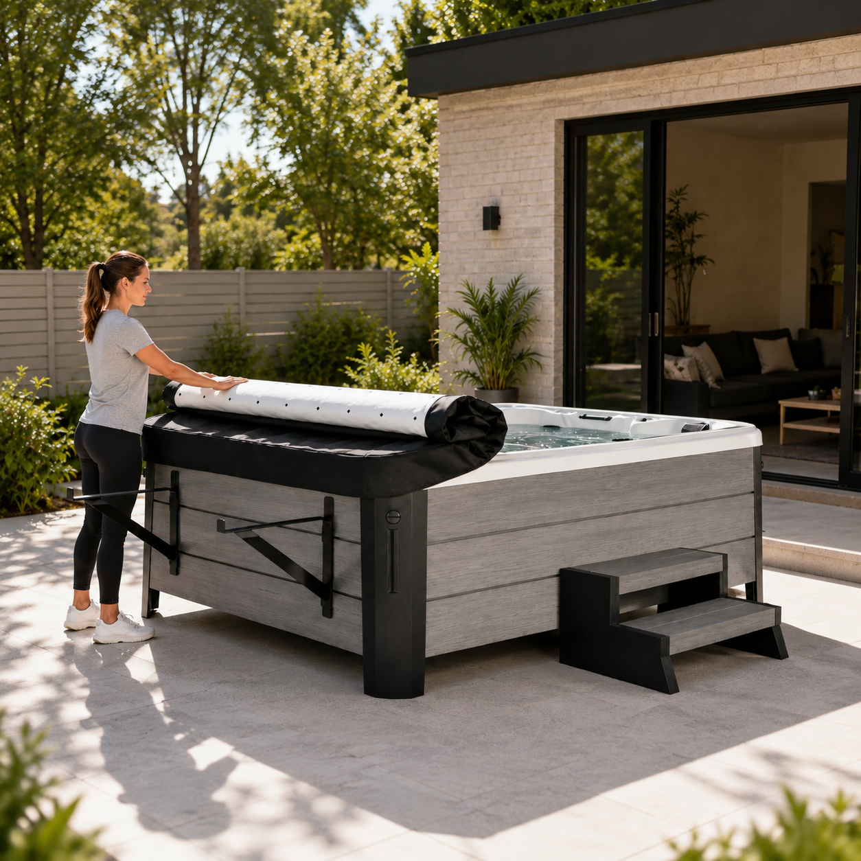 Woman unrolling a rolling hot tub cover over a hot tub on a patio