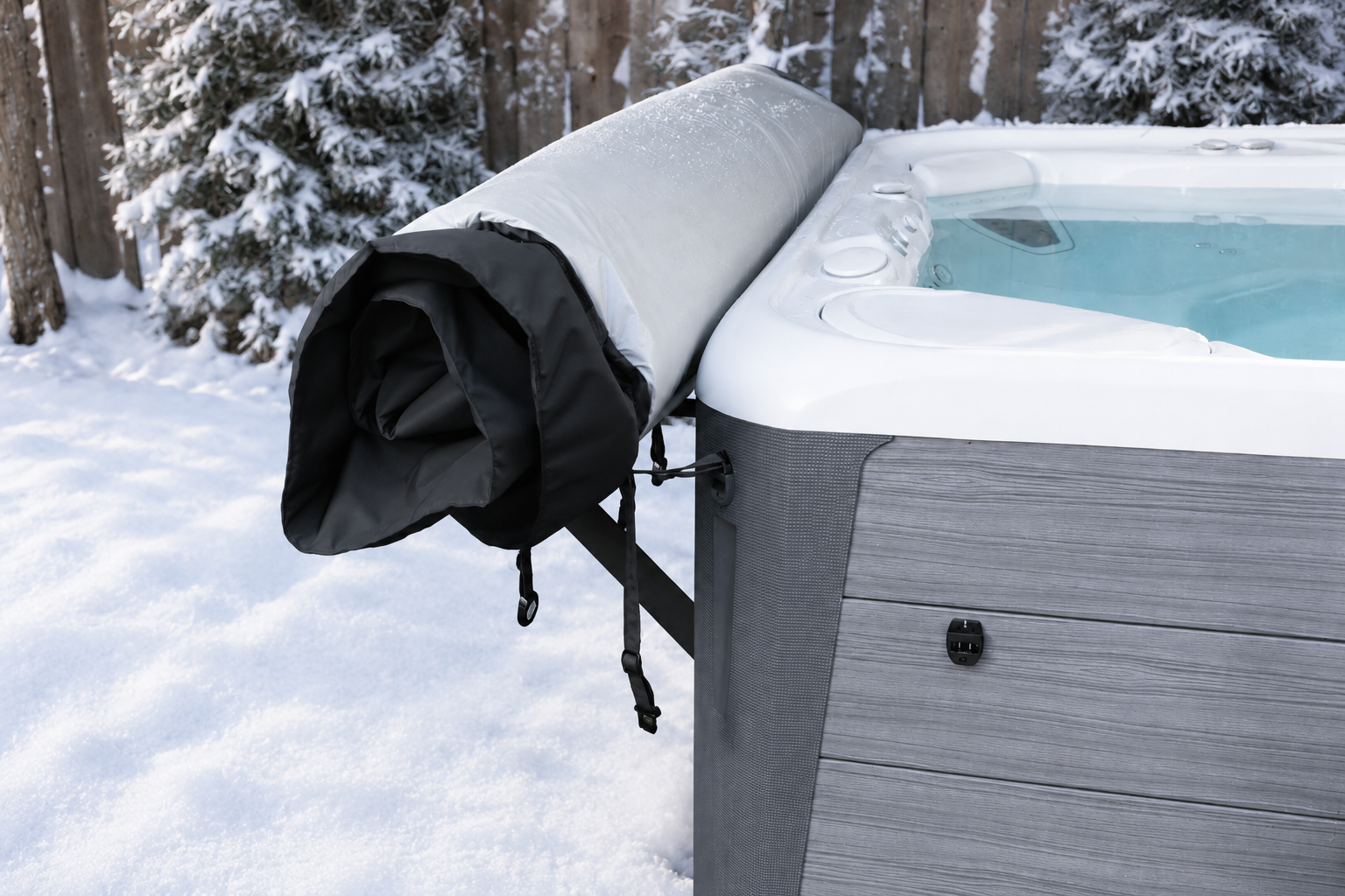 Hot tub with a rolling hot tub cover on a snowy day