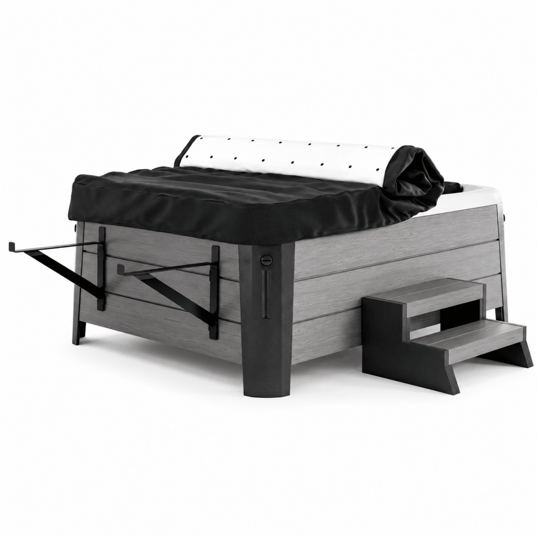 Rollaway cover partially rolled open on a hot tub