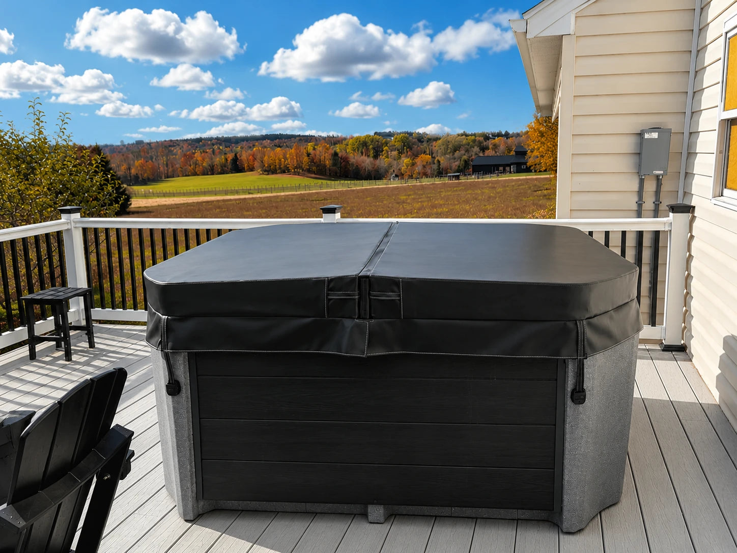 A Spa-Migo cover on a hot tub on a back deck