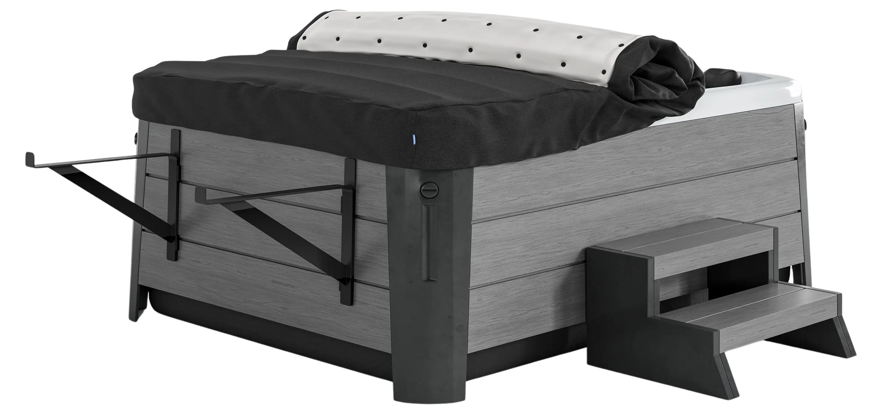 Open rollaway hot tub cover, Black AquaTEX, wide crop