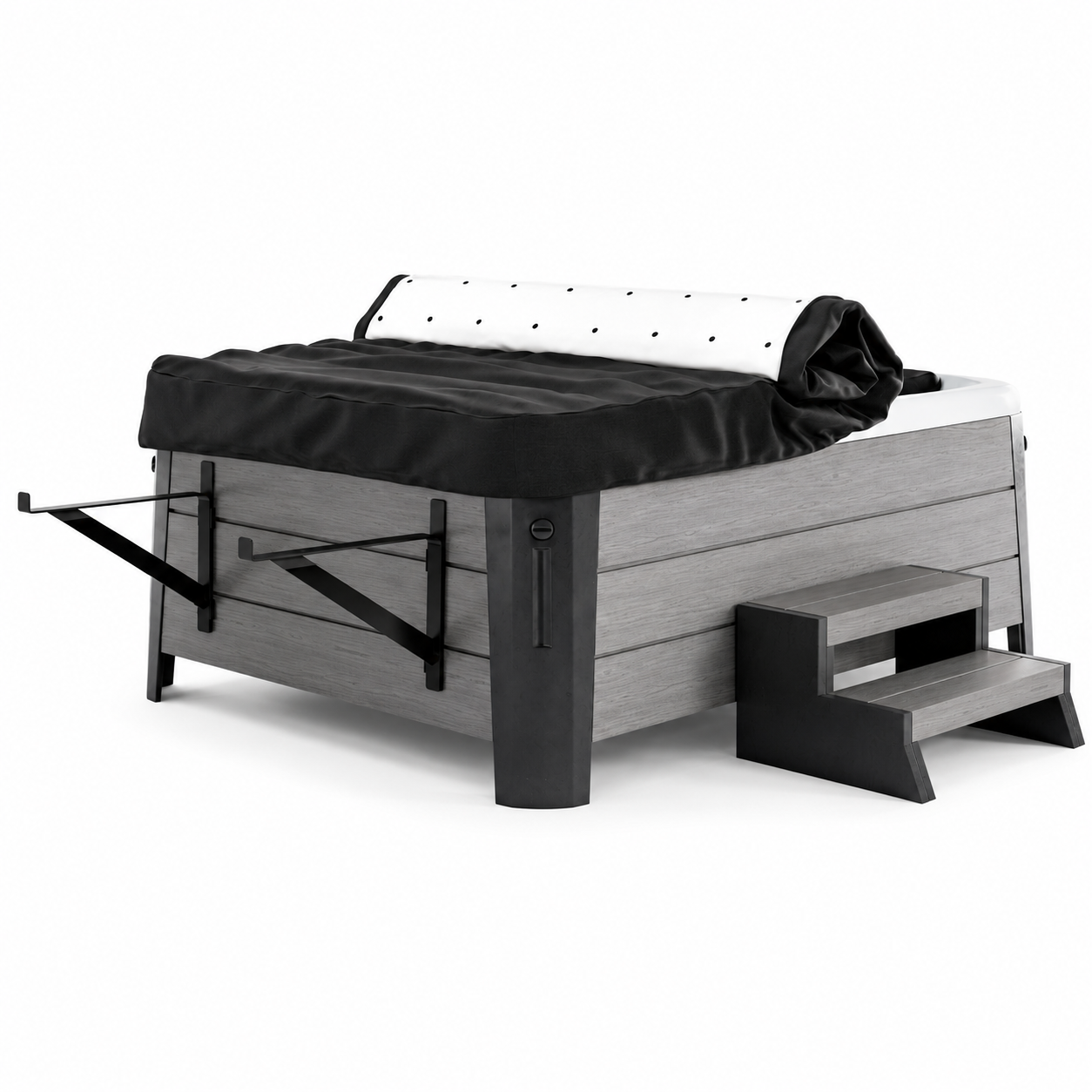 Hot tub with black rolling hot tub cover and steps on a white background