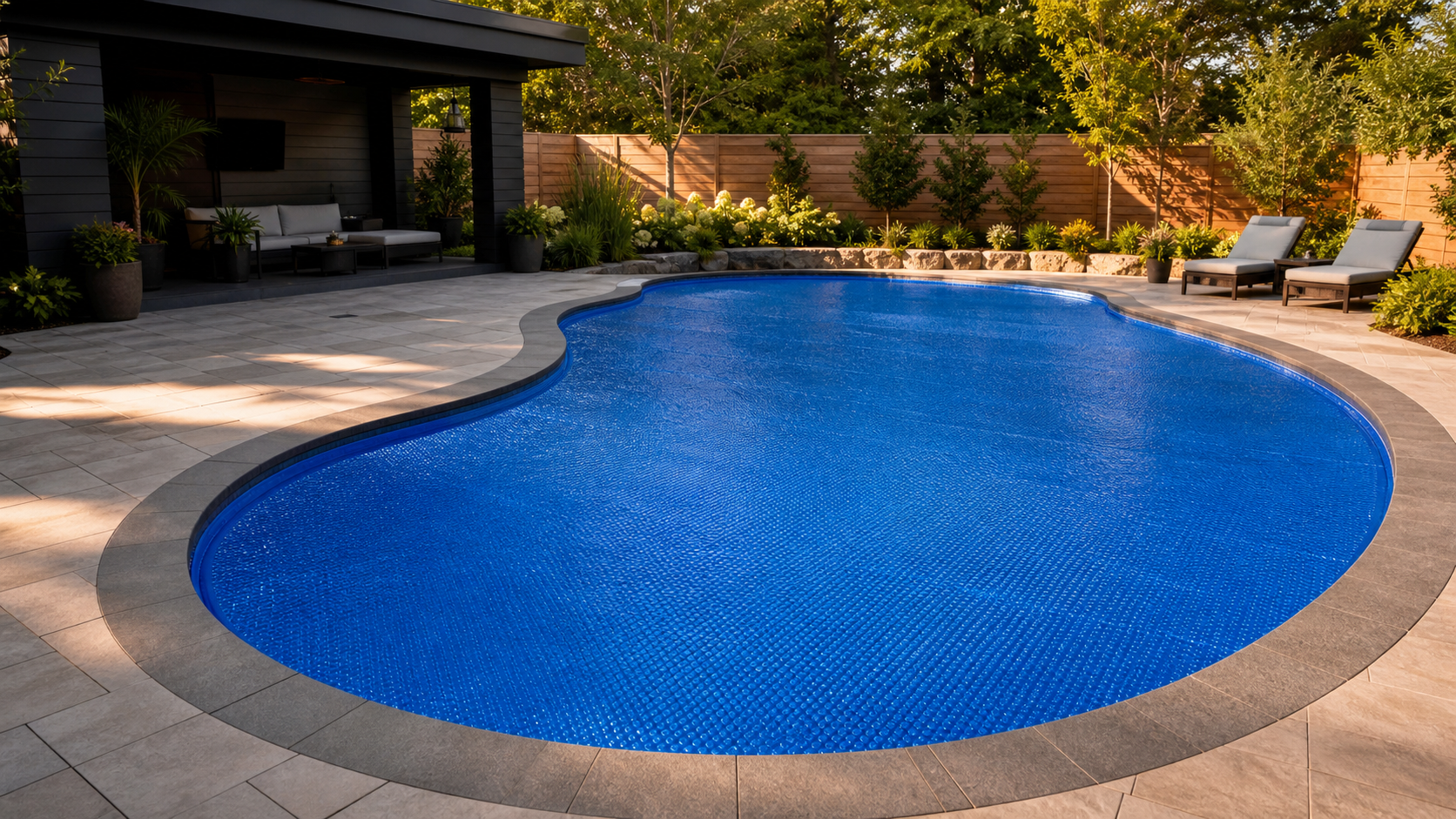 Blue solar pool cover installed on a curved in-ground pool