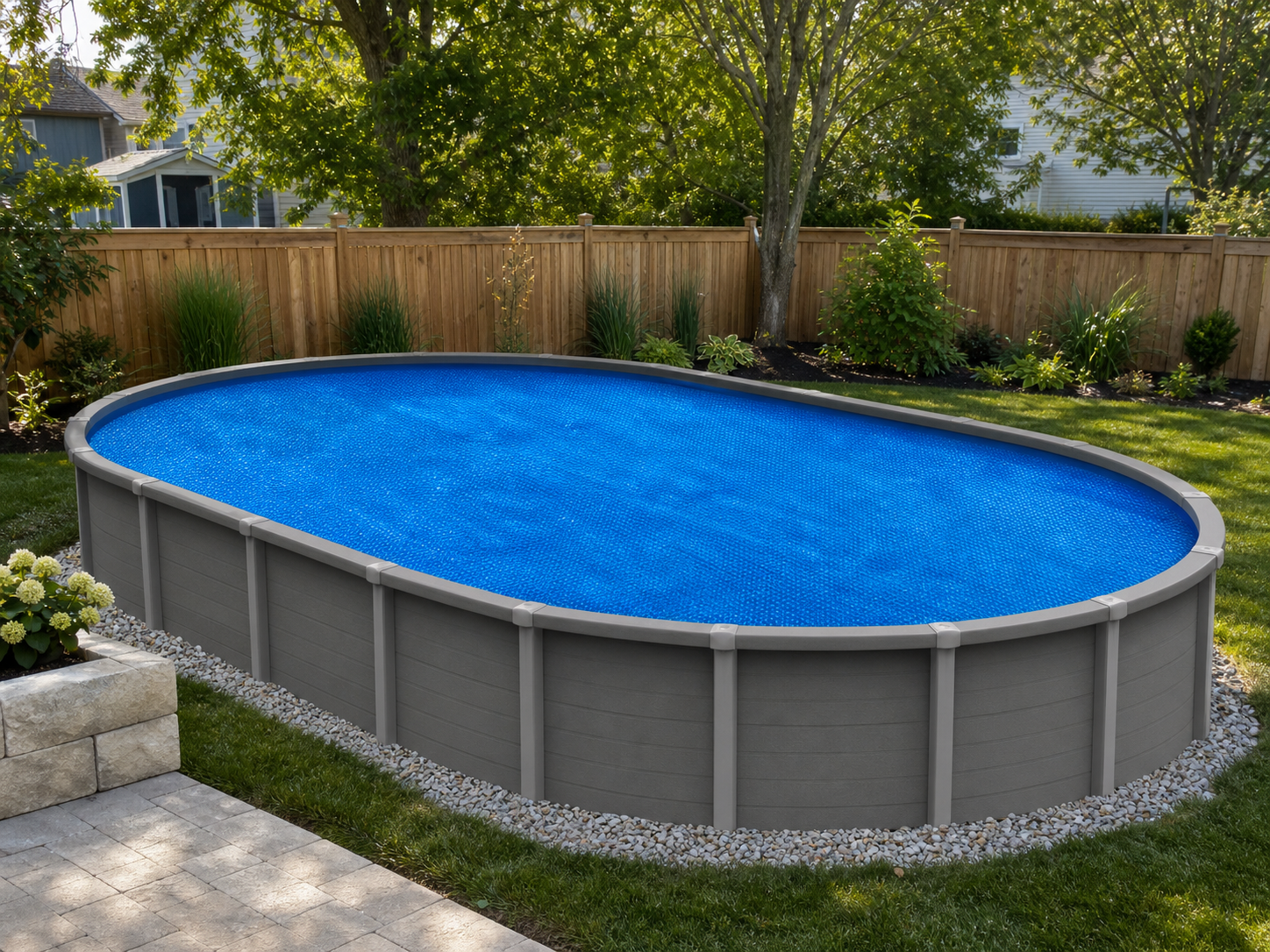 Blue solar blanket fitted to an oval above-ground pool