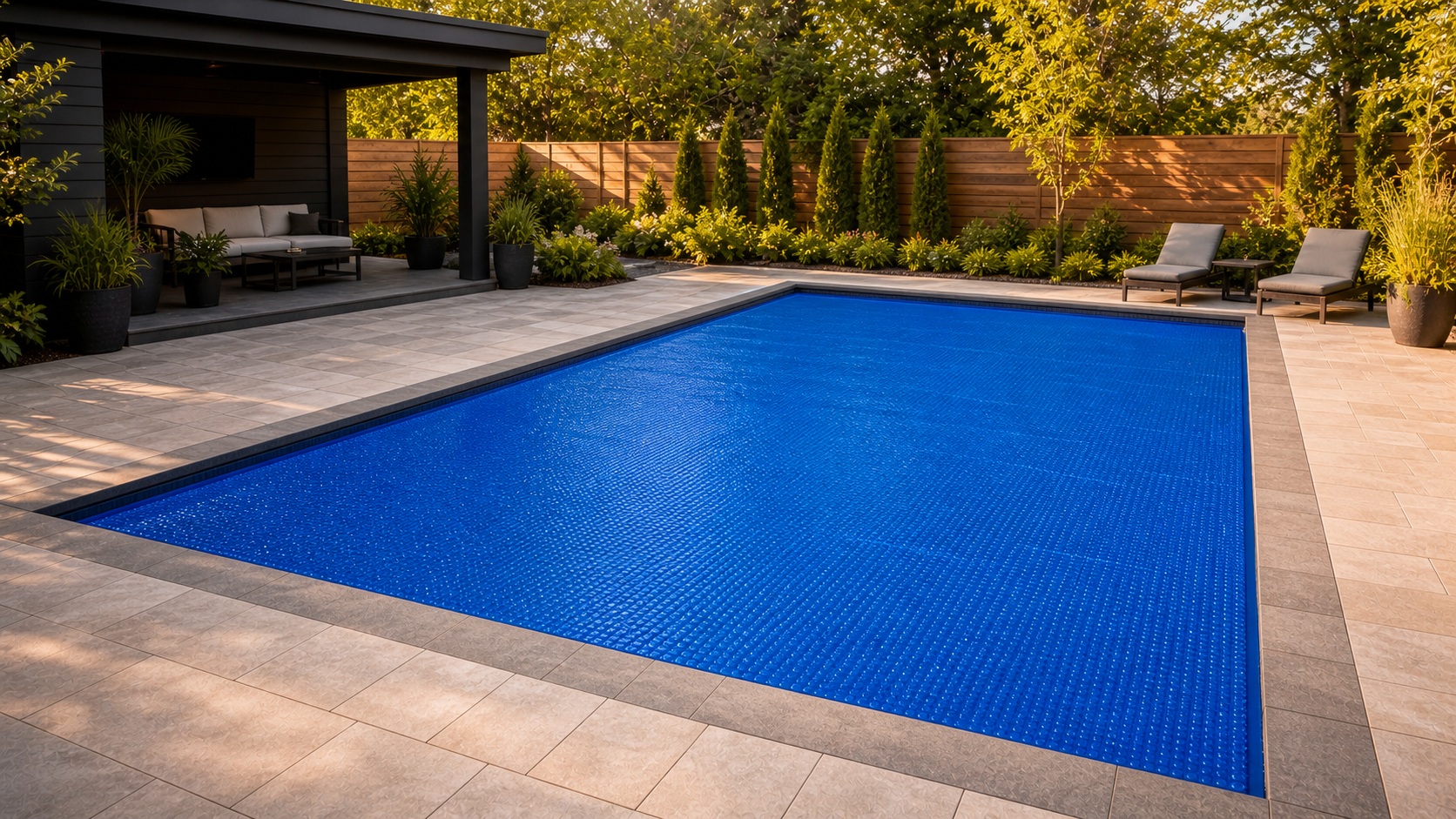 Rectangular in-ground pool fitted with a blue solar blanket