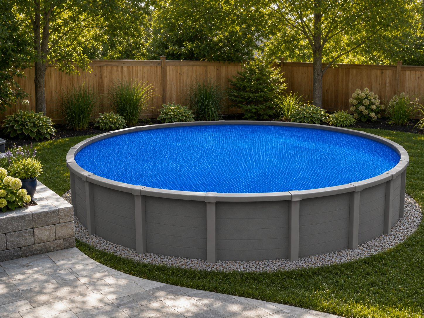 Round above-ground pool fitted with a blue solar blanket