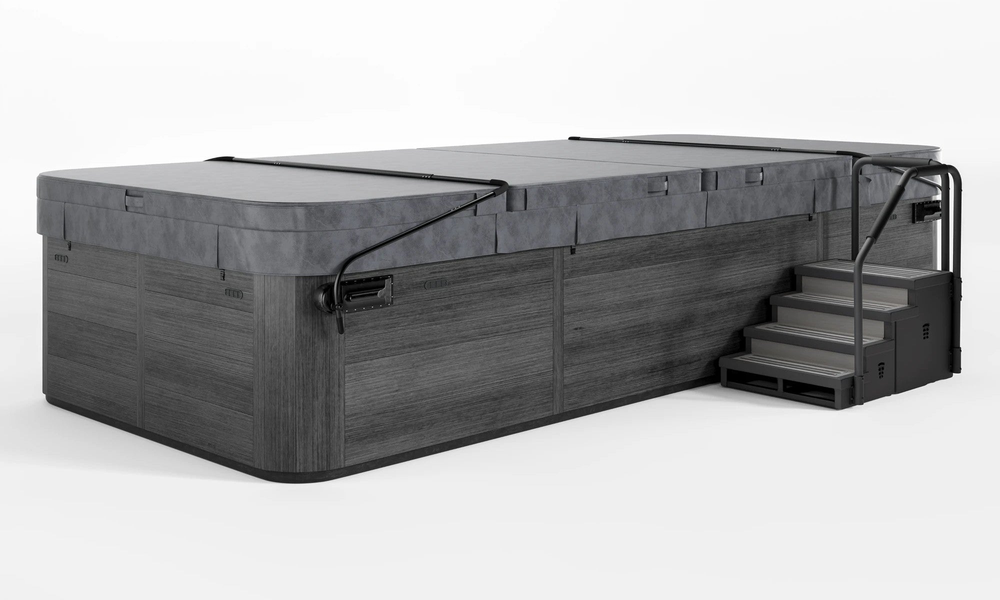 Traditional swim spa cover in grey on a swim spa with cover lifters and steps