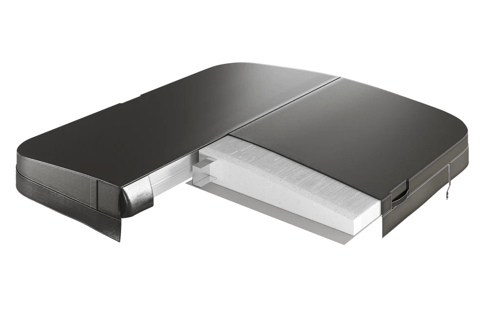 Cutaway view of a Spa-Migo hot tub cover showing its foam core and protective outer construction